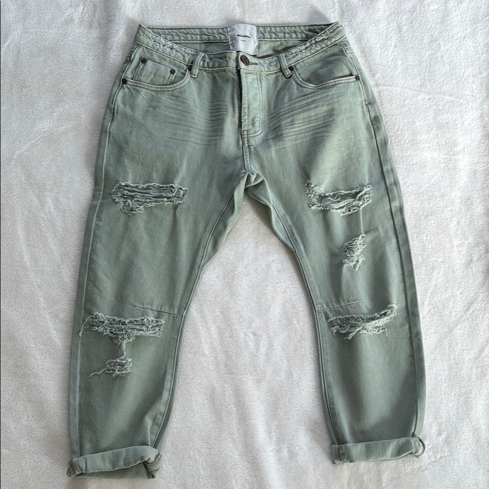 ONE TEASPOON Cropped Barrel Distressed Green Jeans NWOT
